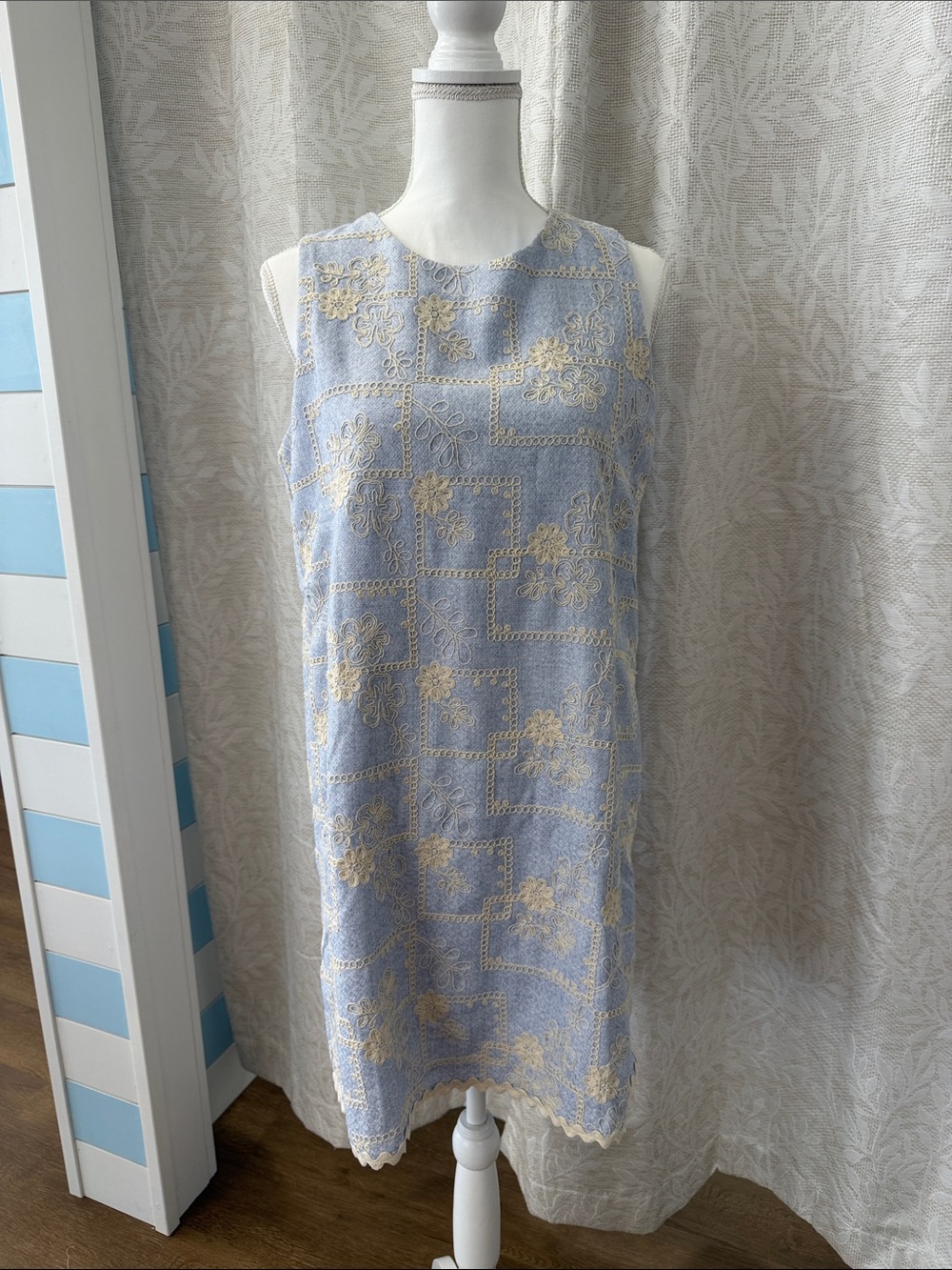 Light Blue & Cream Sleeveless Embroidered Shift Dress